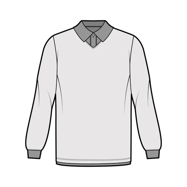 Camisa doble técnica ilustración de moda con mangas largas, longitud de la túnica, cuello henley, de gran tamaño, cuello clásico plano — Archivo Imágenes Vectoriales