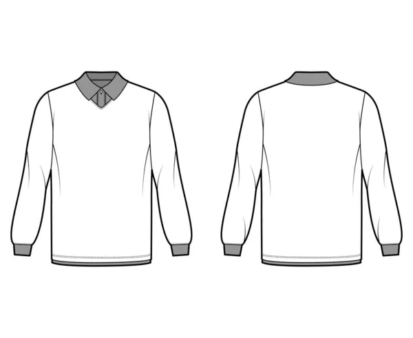 Camisa doble técnica ilustración de moda con mangas largas, longitud de la túnica, cuello henley, de gran tamaño, cuello clásico plano — Archivo Imágenes Vectoriales
