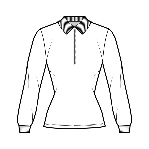 Póló cipzár-up polo technikai divat illusztráció hosszú ujjú, tunika hossza, henley nyak, felszerelt test, lapos gallér — Stock Vector