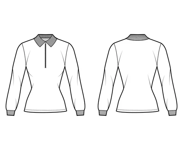 Camisa con cremallera polo técnica moda ilustración con mangas largas, longitud de la túnica, cuello henley, cuerpo ajustado, cuello plano — Vector de stock