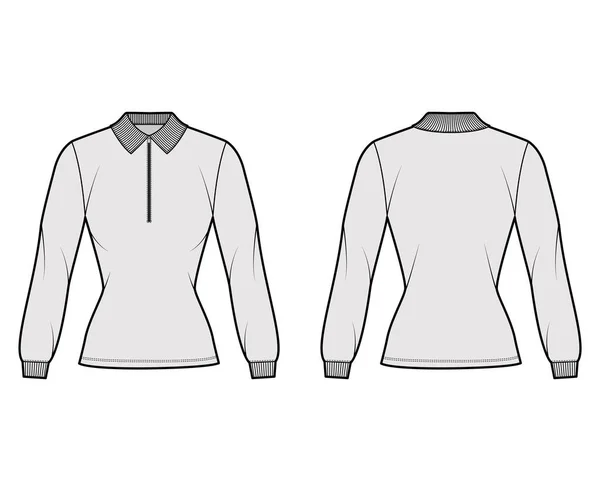 Camisa con cremallera polo técnica moda ilustración con mangas largas, longitud de la túnica, cuello henley, cuerpo ajustado, cuello plano — Vector de stock