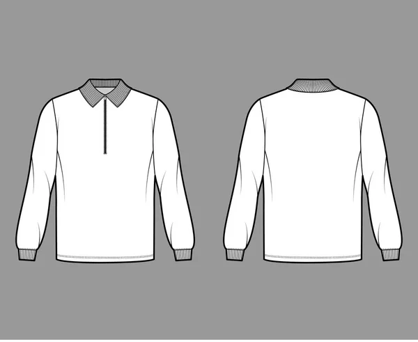 Camisa zip-up pólo técnica moda ilustração com mangas compridas, comprimento túnica, henley pescoço, oversized, colarinho liso — Vetor de Stock