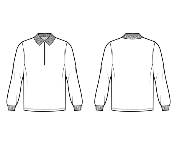 衬衫拉链马球技术时尚的例子与长袖，束腰长，亨利脖子，超大，平领子 — 图库矢量图片
