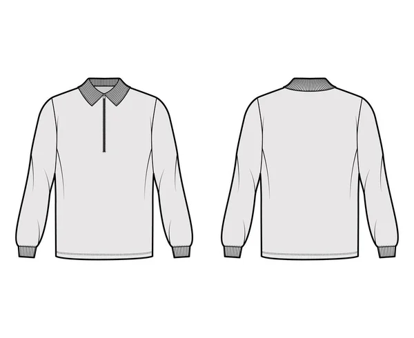Camisa zip-up pólo técnica moda ilustração com mangas compridas, comprimento túnica, henley pescoço, oversized, colarinho liso — Vetor de Stock