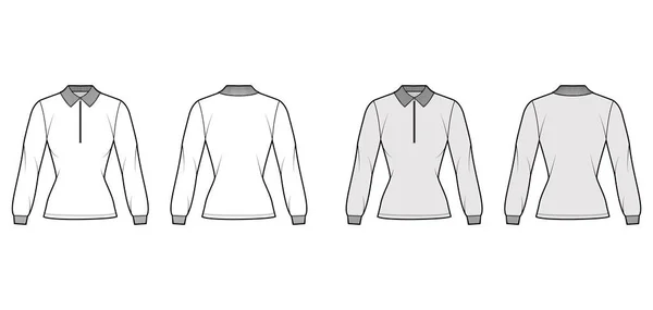 衬衫拉链马球技术时尚图例与长袖，束腰长颈，紧身衣，平领 — 图库矢量图片