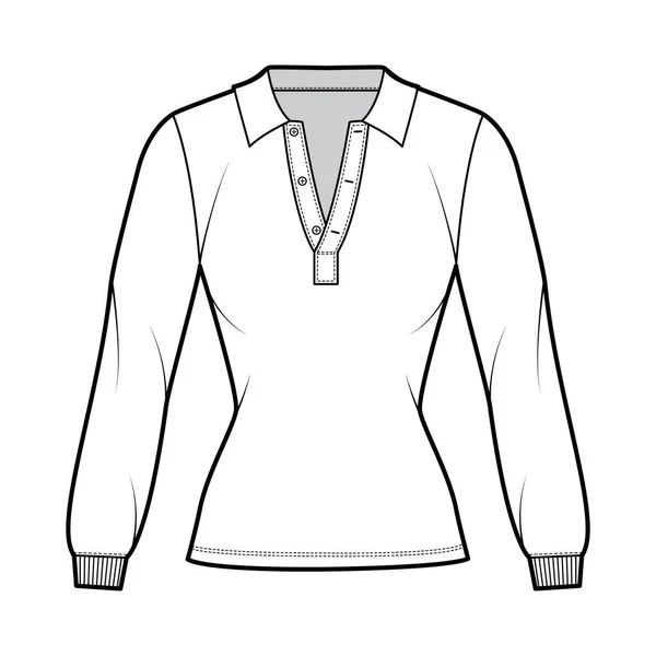 Ing póló technikai divat illusztráció hosszú ujjú, tunika hossza, nyitott henley nyak, vékony illeszkedés, lapos gallér. — Stock Vector