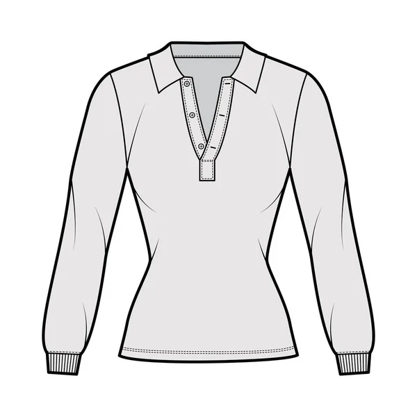 Camisa polo técnica moda ilustración con manga larga, longitud de la túnica, cuello henley abierto, ajuste delgado, cuello plano. — Vector de stock