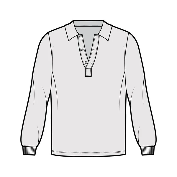 Camisa pólo técnica moda ilustração com mangas compridas, punho elástico, henley pescoço aberto, oversized, colarinho plano —  Vetores de Stock