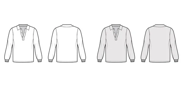Ing póló technikai divat illusztráció hosszú ujjú, rugalmas mandzsetta, henley nyitott nyak, túlméretezett, lapos gallér — Stock Vector