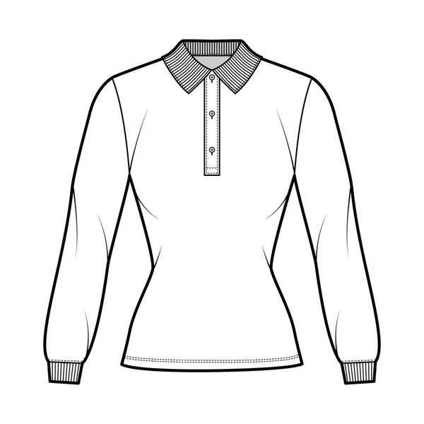 Polo camisa ajustado técnica moda ilustración con mangas largas, longitud de la túnica, cuello botón henley, cuello de punto plano — Archivo Imágenes Vectoriales