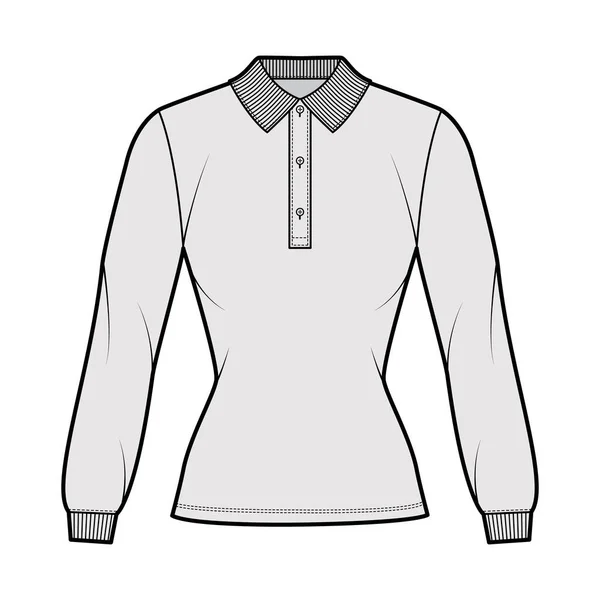 Polo camisa ajustado técnica moda ilustración con mangas largas, longitud de la túnica, cuello botón henley, cuello de punto plano — Vector de stock