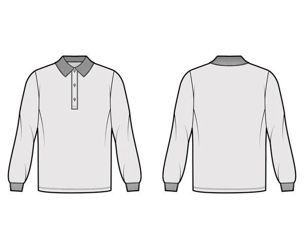 Polo de camisa de gran tamaño técnica de la moda ilustración con mangas largas, longitud de la túnica, cuello botón henley cuello de punto plano — Vector de stock