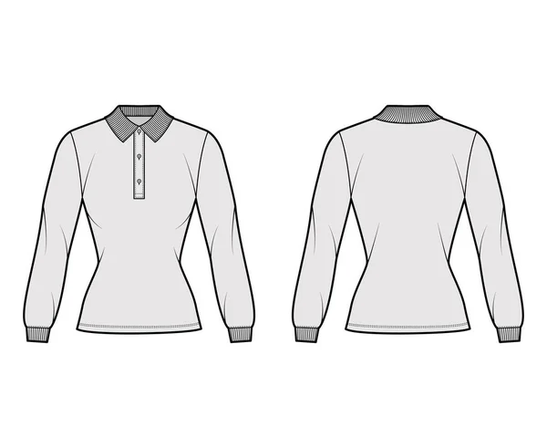 Polo camisa ajustado técnica moda ilustración con mangas largas, longitud de la túnica, cuello botón henley, cuello de punto plano — Vector de stock