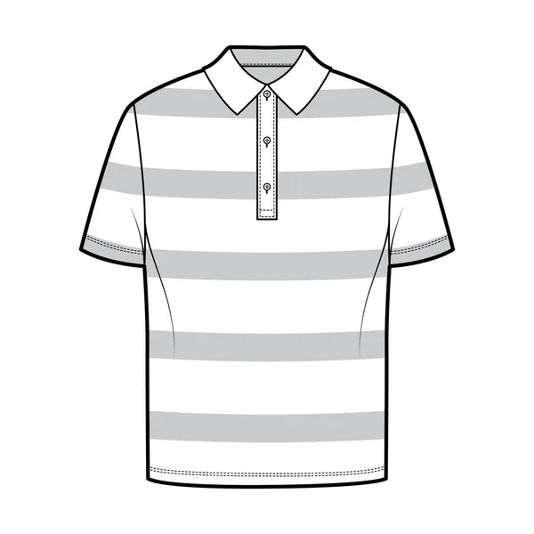 Camisa rugby listras técnica moda ilustração com mangas curtas, comprimento túnica, corpo de grandes dimensões, henley collar. —  Vetores de Stock