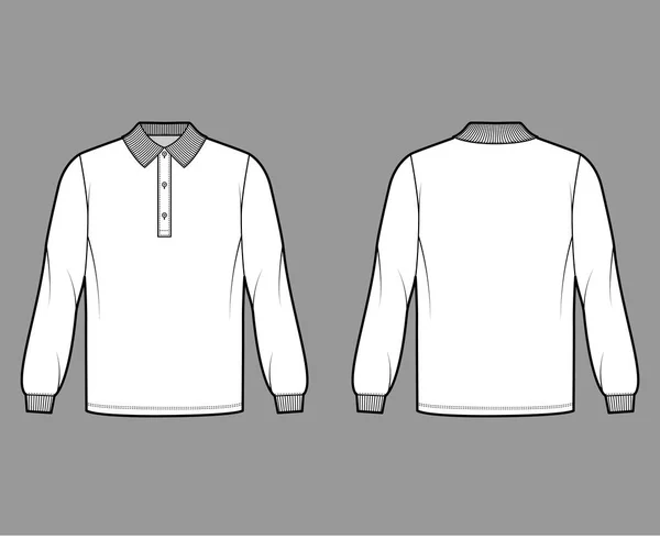 Polo de camisa de gran tamaño ilustración técnica de moda con mangas largas, puño de punto, cuello botón henley. Prendas de vestir — Archivo Imágenes Vectoriales