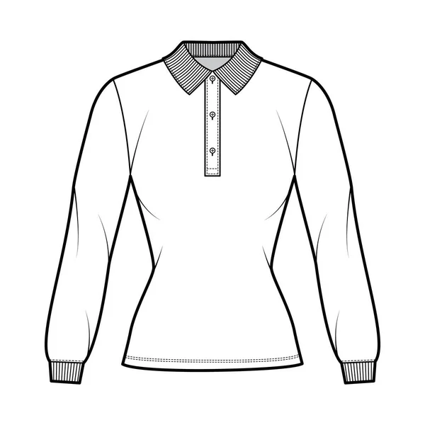 Polo corpo aderente illustrazione tecnica di moda con maniche lunghe, lunghezza della tunica, collo a bottone henley, colletto piatto — Vettoriale Stock