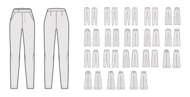Set of Pants classic technical fashion illustration with low normal waist, high rise, full length, wide fitted legs clipart