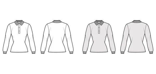 衬衫马球合身的身体技术时尚图例与长袖，束腰长度，亨利钮扣颈，平领 — 图库矢量图片