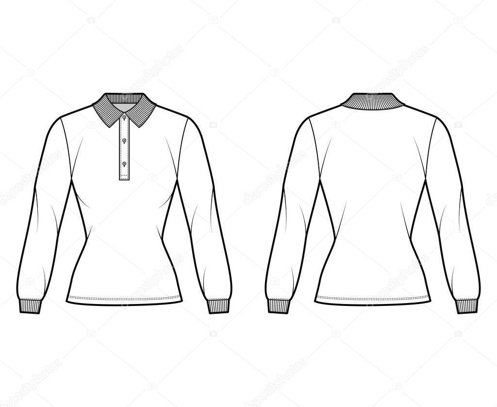Shirt polo fitted body technical fashion illustration with long sleeves, tunic length, henley button neck, flat collar