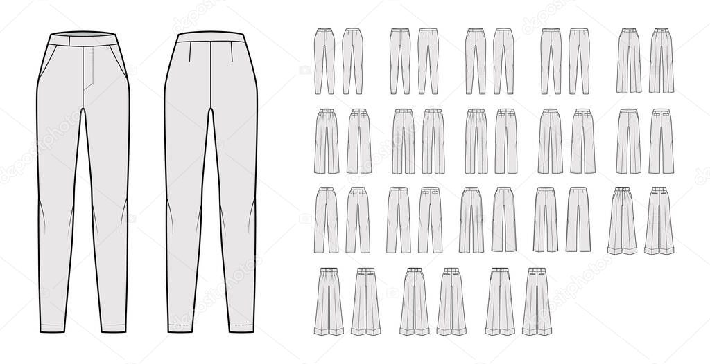Set of Pants classic technical fashion illustration with low normal waist, high rise, full length, wide fitted legs