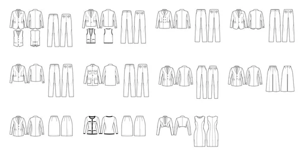 Ensemble de costumes - pantalons classiques, vestes, blazers, robes, gilets illustration de mode technique avec deux - trois pièces — Image vectorielle