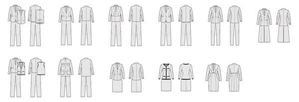 Σύνολο από κοστούμια - κλασικό παντελόνι, σακάκια, μπλέιζερ, φορέματα, γιλέκα τεχνική απεικόνιση μόδας με δύο - τρία κομμάτια — Διανυσματικό Αρχείο