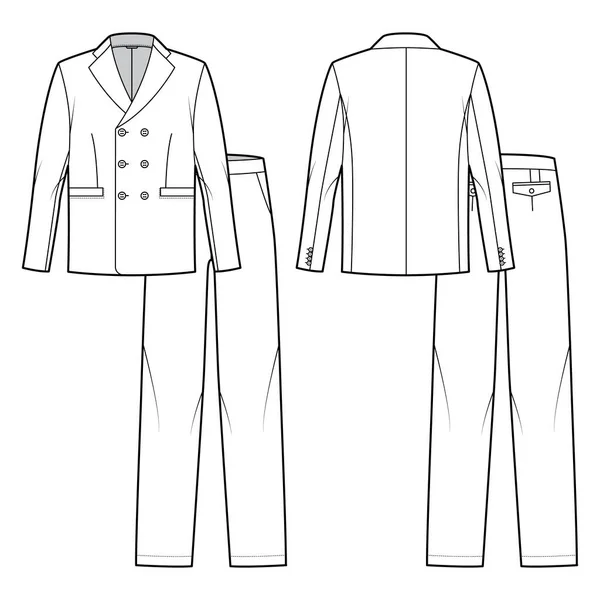 Conjunto de traje doble pecho - pantalones clásicos para hombre y chaqueta ilustración técnica de moda con dos - piezas, mangas — Archivo Imágenes Vectoriales