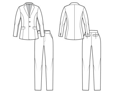 Pantolon takımı. Klasik kadın ceketi. Teknik moda illüstrasyonu. İki parçalı.