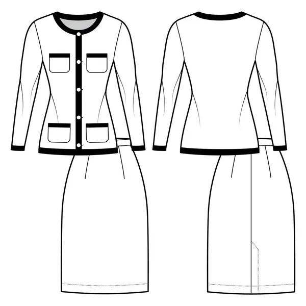 Conjunto de terno Chanel - estilo - saia clássica e blazer ilustração de moda técnica com comprimento do joelho, mangas compridas, ajuste — Vetor de Stock