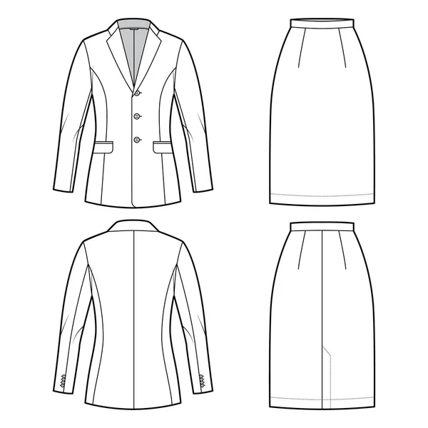 Uppsättning kjol Kostym med klassisk jacka teknisk mode illustration med två - bit, enkelknäppt, monterad kropp — Stock vektor
