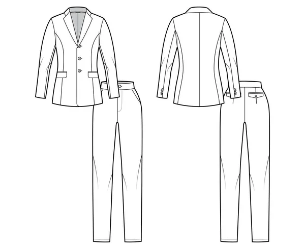 Conjunto de pantalón Traje - Chaqueta clásica para mujer ilustración técnica de moda con dos piezas, un solo pecho, cuerpo ajustado — Vector de stock