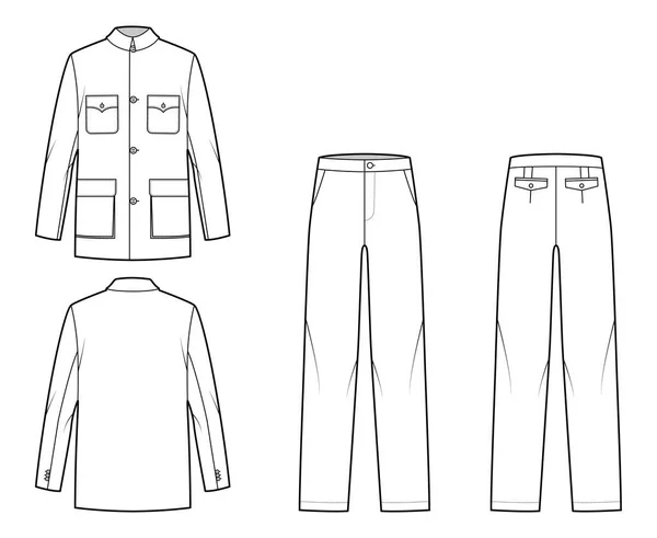 Sada Mao Oblek tunika klasické kalhoty a bunda technické módní ilustrace se dvěma - kus, jednořadové, nadměrné velikosti — Stockový vektor