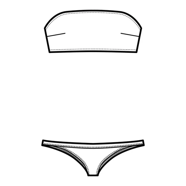 Set von Dessous - Rohr-BH und Tangas Höschen technische Mode Illustration mit trägerlosen, Haken-und-Ösen-Verschluss. Flach — Stockvektor