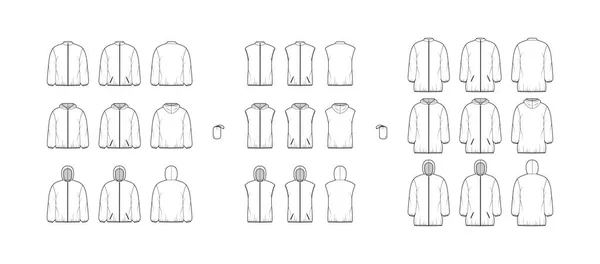 Conjunto de jaquetas coletes casaco de cintura puffer ilustração de moda técnica com bolsa, bolsos, oversized, comprimento do quadril cultura. —  Vetores de Stock