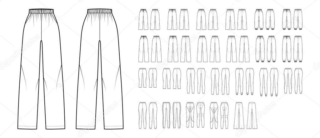 Set of Sweatpants leggings sport technical fashion illustration with normal low waist, high rise, full length, oversized