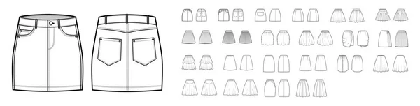 Conjunto de saias ilustração de moda técnica com joelho mini silhueta comprimentos, A linha, lápis plenitude circular. Plano —  Vetores de Stock
