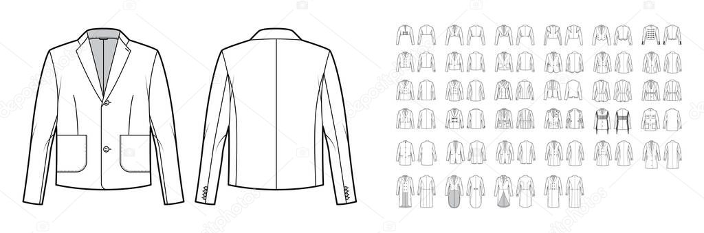 Set of jackets, coats, outerwear technical fashion illustration with oversized, thick, hood collar, long sleeves, pocket