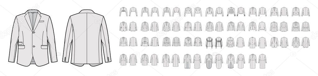 Set of jackets, coats, outerwear technical fashion illustration with oversized, thick, hood collar, long sleeves, pocket