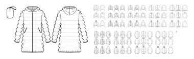 Set of Down coats jackets puffer technical fashion illustration with pouch, crop hip thigh length, classic wide quilting clipart
