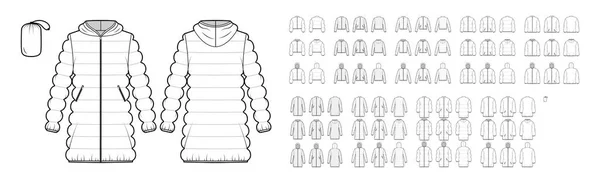Набор пуховых пальто куртки пыхтят техническую модную иллюстрацию с мешком, длина бедра, классическое широкое одеяло — стоковый вектор