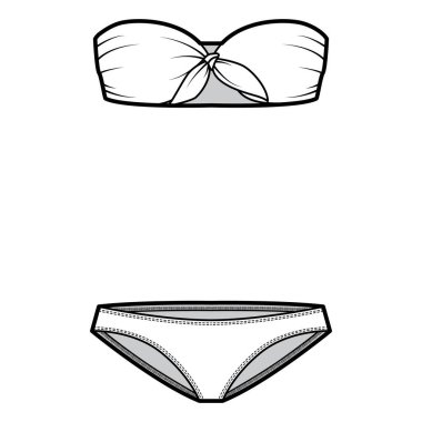 İç çamaşırı takımı - straplez kravat sutyeni ve bikinili külot teknik moda illüstrasyon mayosu. Düz sütyen giyim.