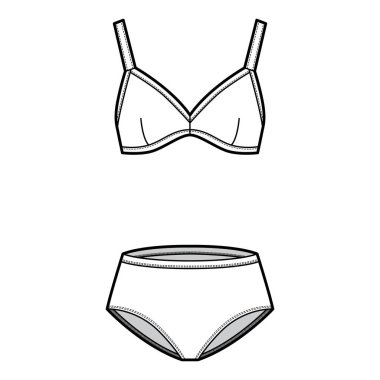 İç çamaşırı takımı. Yumuşak kupa sutyen ve klasik külot. Teknik moda illüstrasyonu. Düz sütyen şablonu