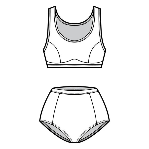 Set von Dessous - Sport-BH und Höschen technische Mode Illustration mit normaler Taille, Aufstieg. Flache Büstenschablone — Stockvektor