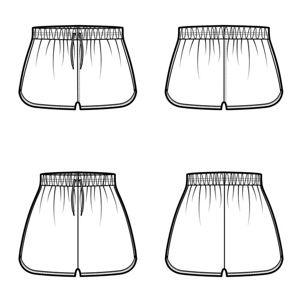 Conjunto de Pantalones cortos de entrenamiento deportivo Activewear ilustración técnica de moda con cintura alta baja, subida, cordones, Split Hem — Vector de stock