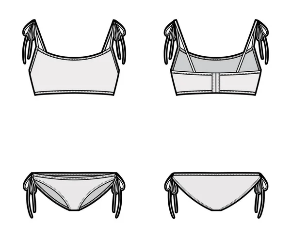 Set of lingerie - bra top and string bikinis panties technical fashion illustration with adjustable tie straps. Flat — Stock Vector