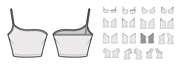 Conjunto de tops de um ombro, camisas, tanques, blusas ilustração de moda técnica com mangas curtas e grandes equipadas —  Vetores de Stock