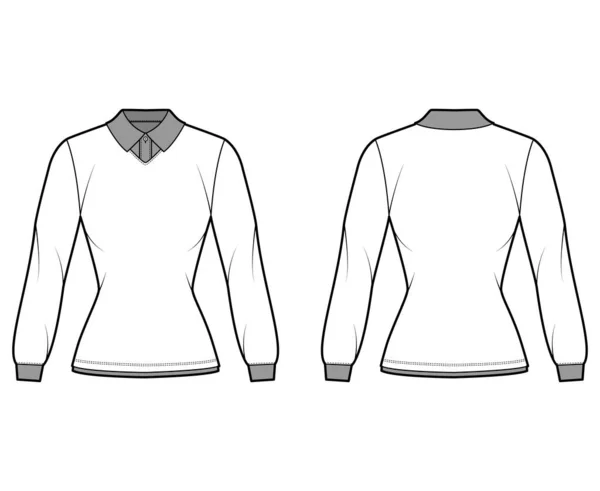 Skjorta dubbel krage teknisk mode illustration med långa ärmar, tunika längd, monterad kropp, platt klassisk krage — Stock vektor