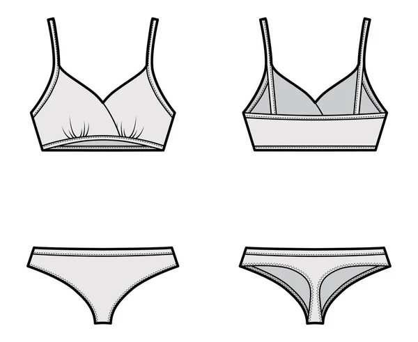 Conjunto de lencería - sujetador de entrenamiento y tangas descaradas bragas ilustración técnica de moda. Brassiere de traje de baño plano brassiere — Archivo Imágenes Vectoriales