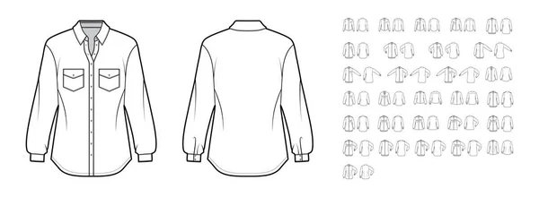 Set di Camicie classiche illustrazioni tecniche di moda con maniche lunghe in posizione diversa, chiusura con bottoni. Piatto — Vettoriale Stock