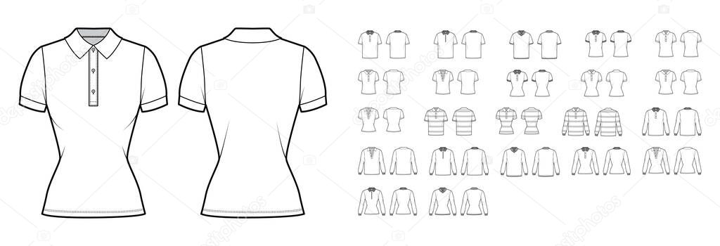 Set of Polo Shirts technical fashion illustration with long short sleeves, tunic length, henley neck, oversized fitted